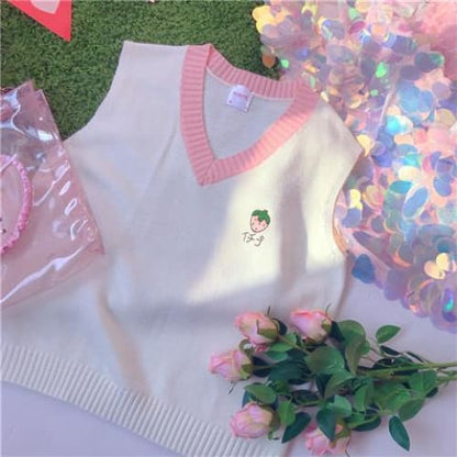 Sweet Knitted Vest Embroidery Peach Strawberry Sweater