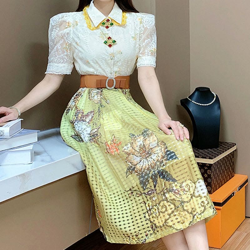 Sweet Lace Lapel Shirt Floral Embroidery Skirt Set - Set / M