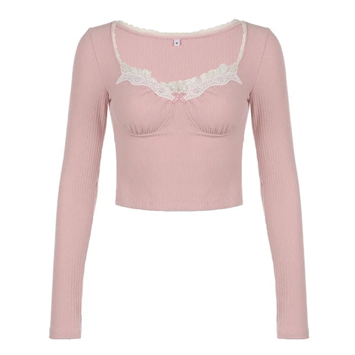 Sweet Lace Pink Long Sleeves Top - S / Pink - Tops