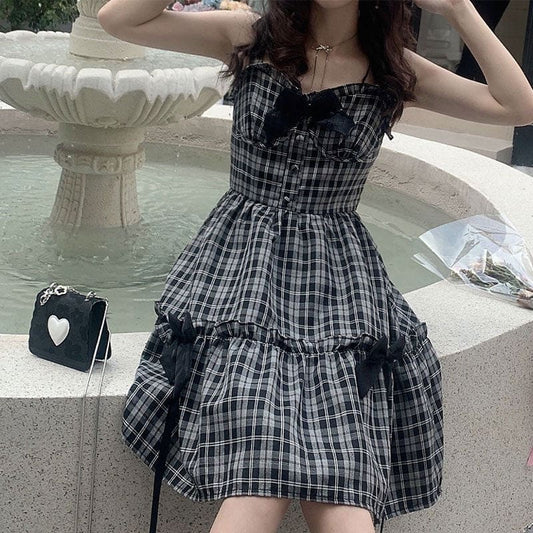 Sweet Lattice Print Bow Knot Slip Dress