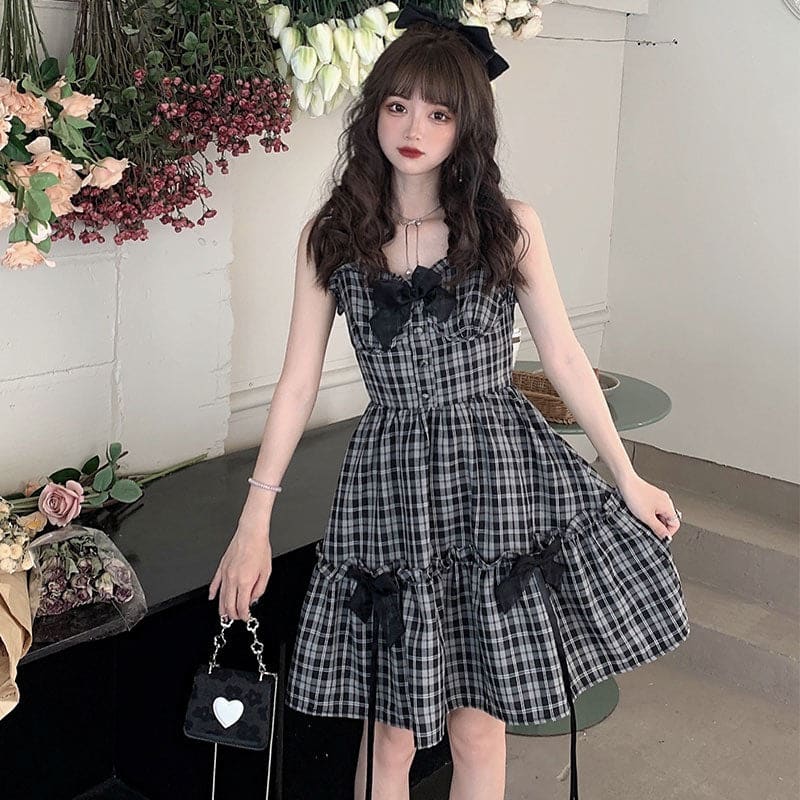 Sweet Lattice Print Bow Knot Slip Dress