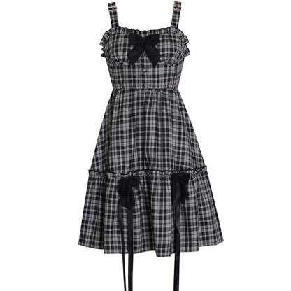 Sweet Lattice Print Bow Knot Slip Dress - Black / M