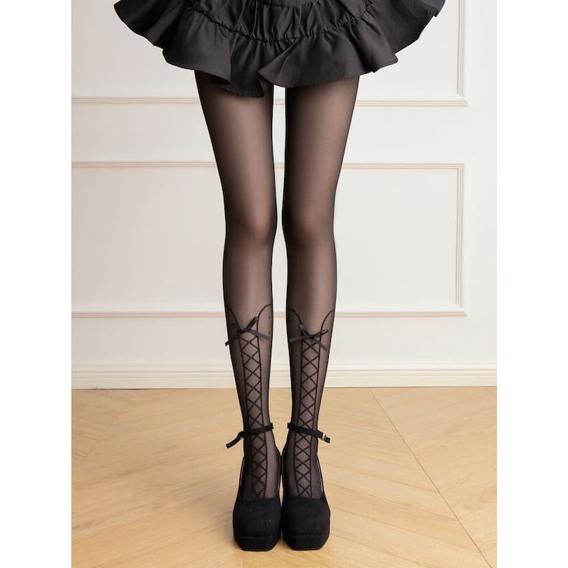 Sweet Lolita Lace Bow Tights - Black - Tights