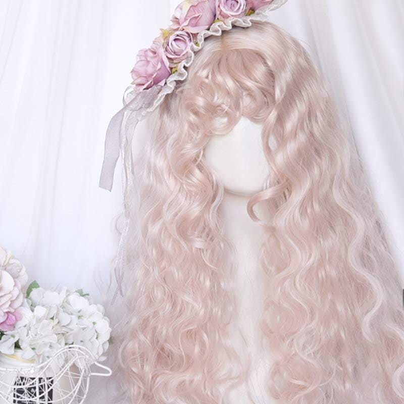 Sweet Long Curly Wig With Curly Bangs - Beige / One Size