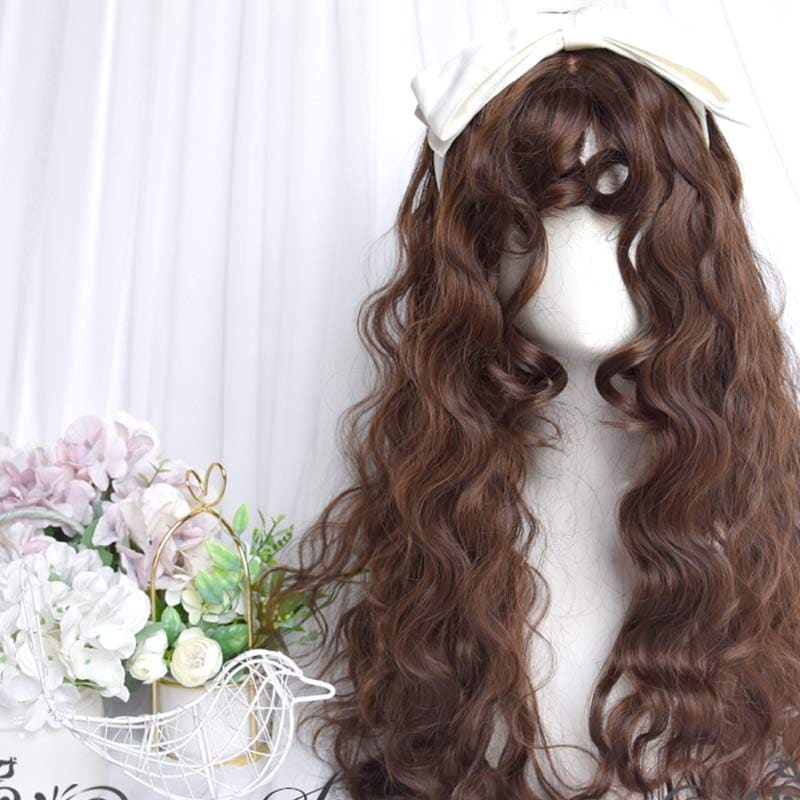 Sweet Long Curly Wig With Curly Bangs - Brown / One Size