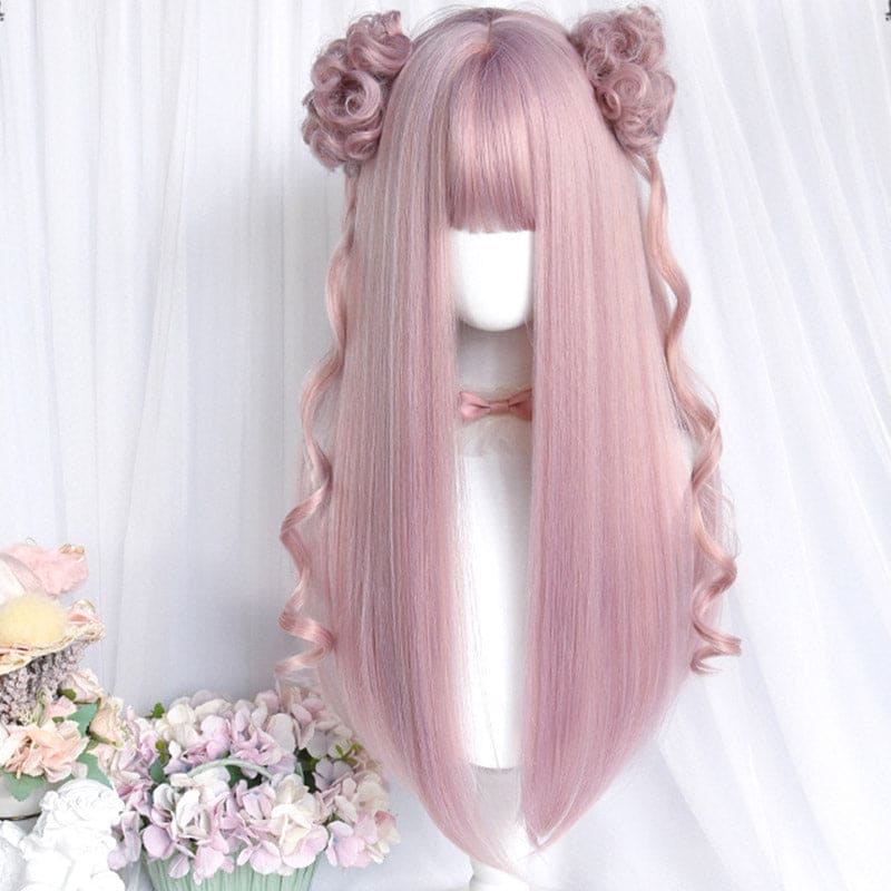 Sweet Long Straight Flower Ball Wig With Neat Bangs - Pink