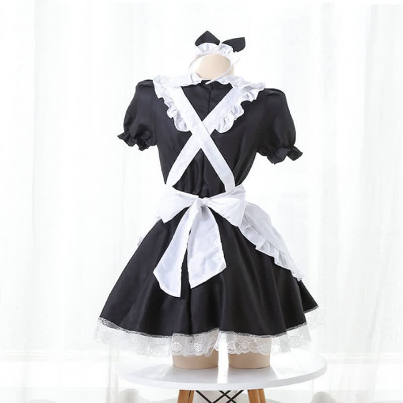 Sweet Love Heart Hollow Out Ruffled Maid Dress - Black