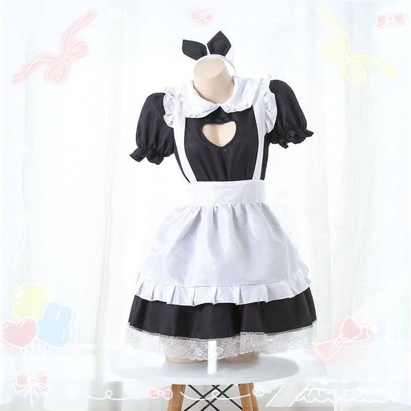 Sweet Love Heart Hollow Out Ruffled Maid Dress - Black