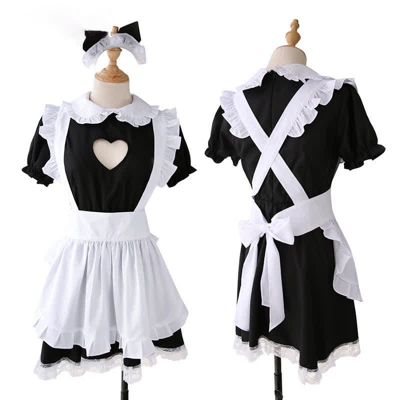 Sweet Love Heart Hollow Out Ruffled Maid Dress - Black