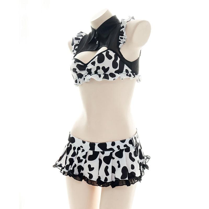 Sweet Maid Cow Print Cutout Lingerie Suit - Black / One size