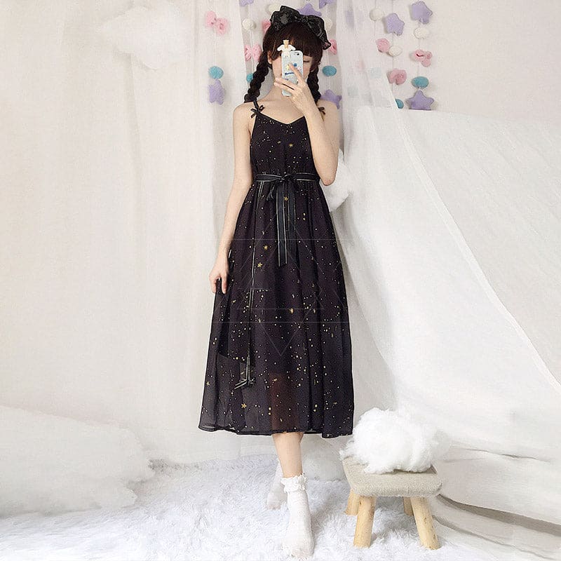 Sweet Meteorite Print Slip Dress Cardigan Set - Black Dress