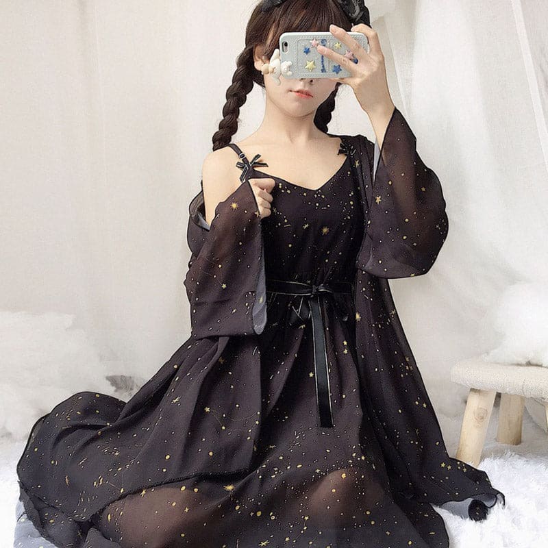 Sweet Meteorite Print Slip Dress Cardigan Set - Black