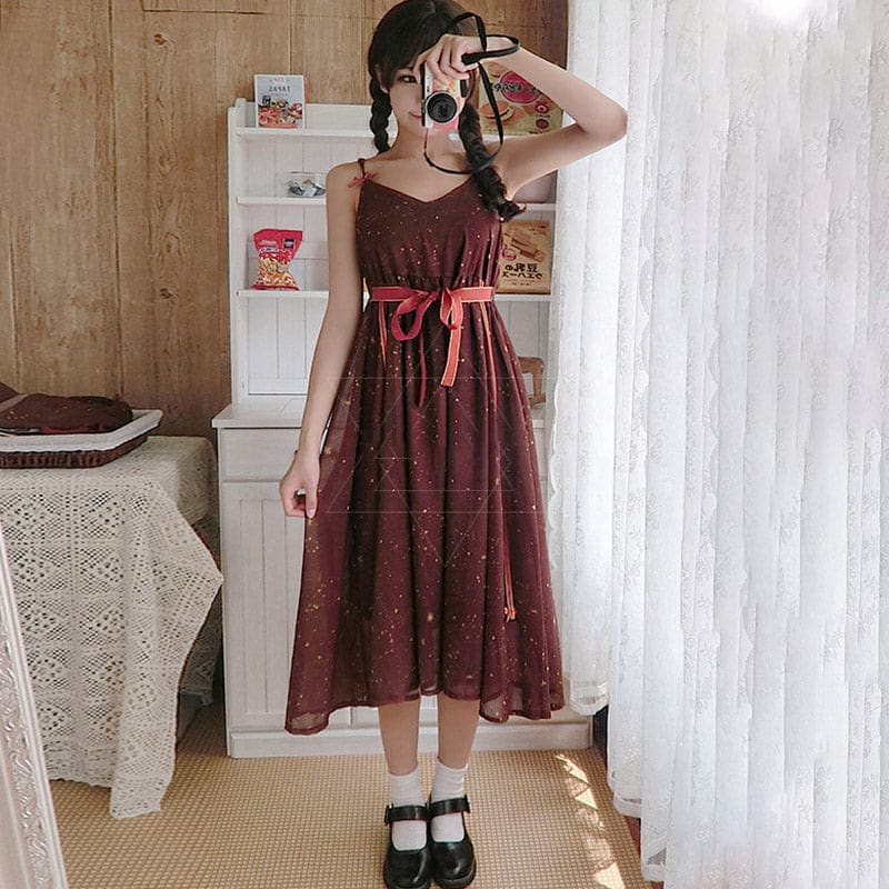 Sweet Meteorite Print Slip Dress Cardigan Set - Red Dress