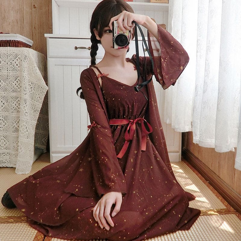 Sweet Meteorite Print Slip Dress Cardigan Set - Red