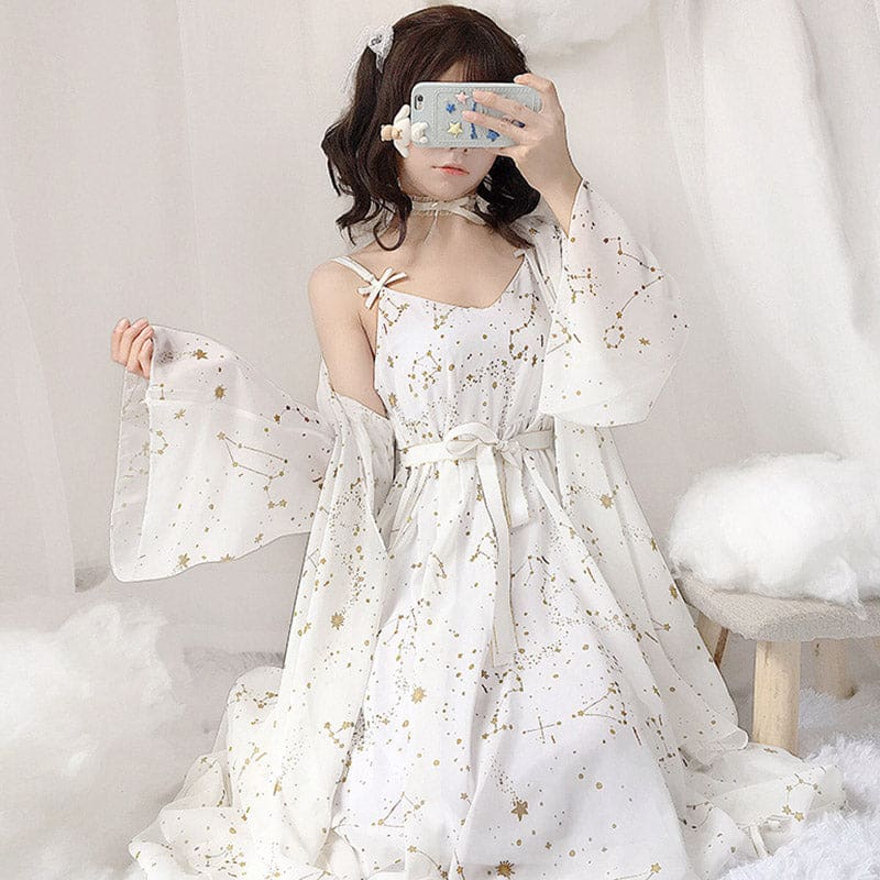 Sweet Meteorite Print Slip Dress Cardigan Set - White