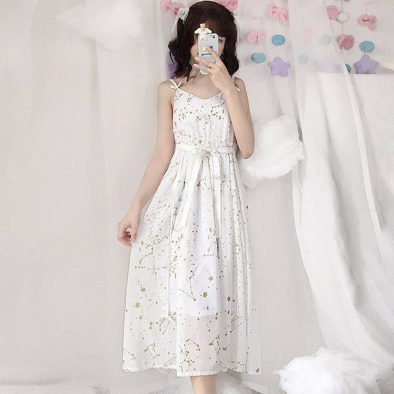 Sweet Meteorite Print Slip Dress Cardigan Set - White Dress