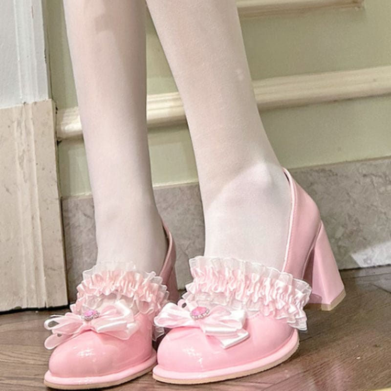 Sweet Peach Pink Bow Lace High Heels - Pink / CN35/US5.5
