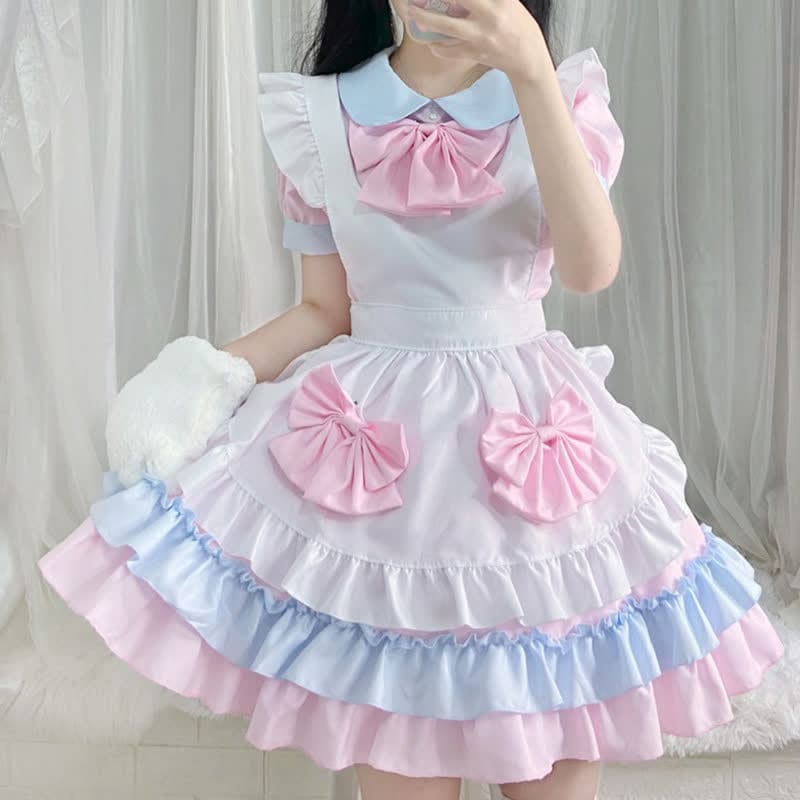 Sweet Pink Bow Knot Ruffled Maid Lolita Dress KawaiiMoriStore