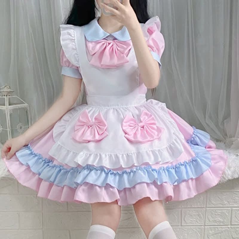 Sweet Pink Bow Knot Ruffled Maid Lolita Dress