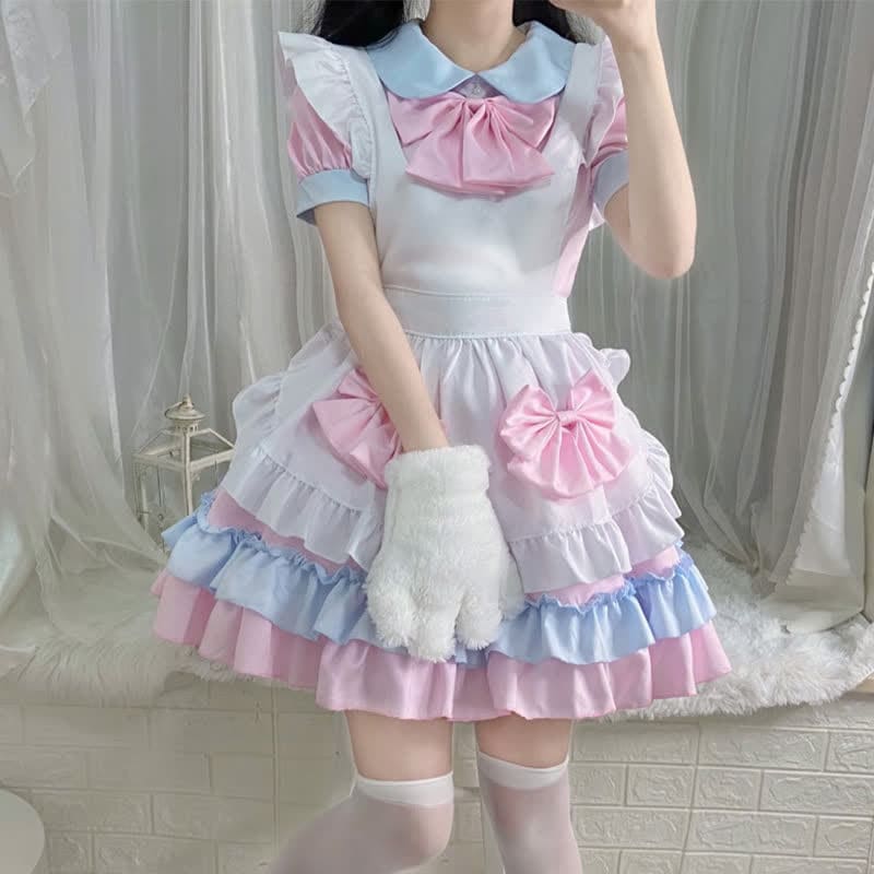 Sweet Pink Bow Knot Ruffled Maid Lolita Dress