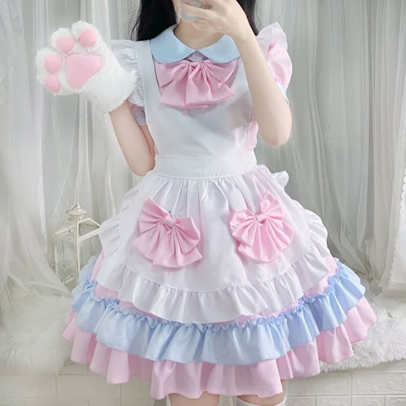 Sweet Pink Bow Knot Ruffled Maid Lolita Dress