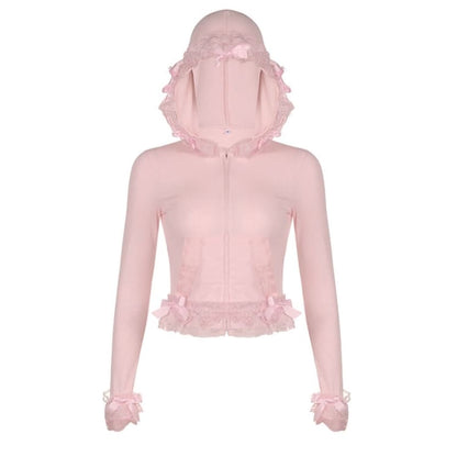 Sweet Pink Lace Hoodie - long sleeve tops