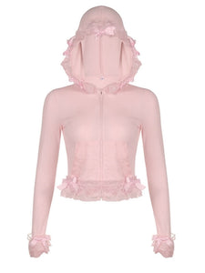 Sweet Pink Lace Hoodie - long sleeve tops