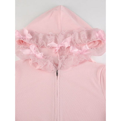 Sweet Pink Lace Hoodie - long sleeve tops