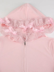 Sweet Pink Lace Hoodie - long sleeve tops