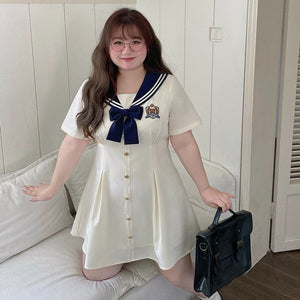 Sweet Plus-size Navy Neck Embroidery Dress Set - Beige dress
