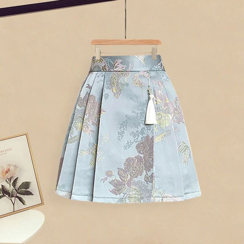 Sweet Print T-Shirt High Waist Pleated Skirt - Blue Skirt