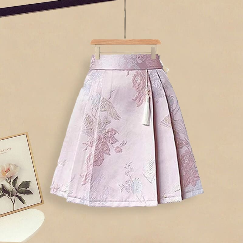 Sweet Print T-Shirt High Waist Pleated Skirt - Pink Skirt