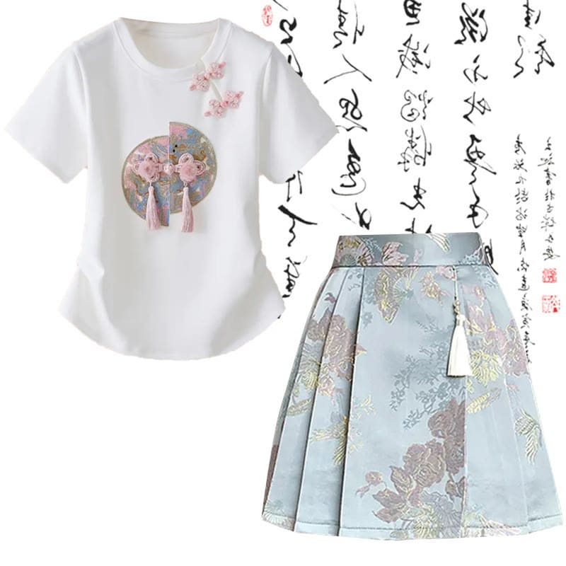 Sweet Print T-Shirt High Waist Pleated Skirt - White