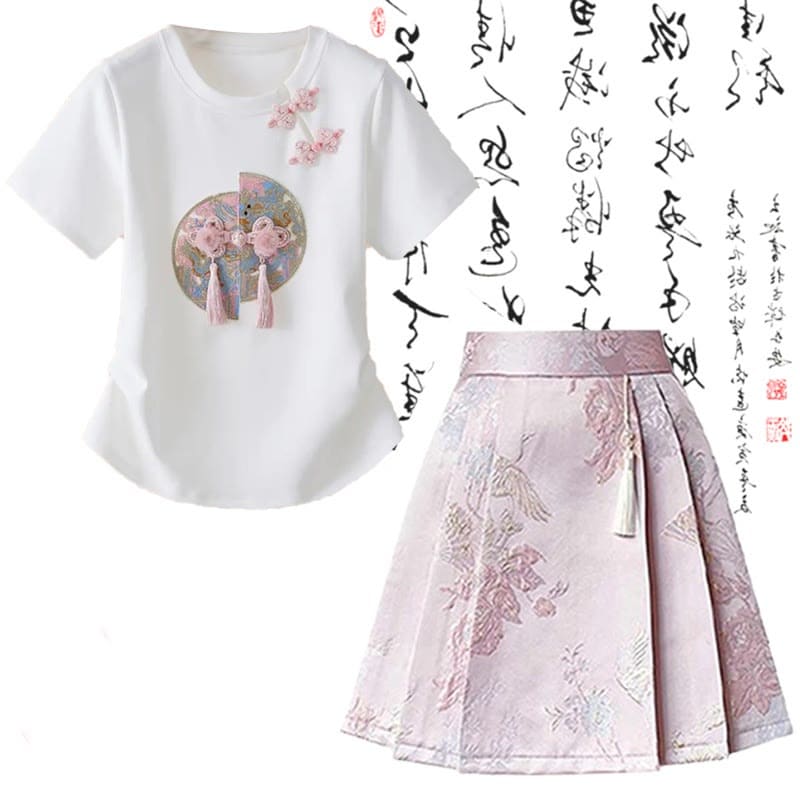 Sweet Print T-Shirt High Waist Pleated Skirt - White