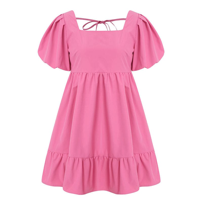 Sweet Puff Sleeve Dress - S / Dark Pink - Dresses
