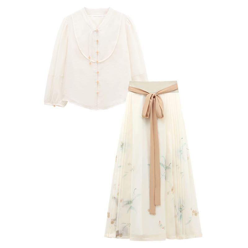 Sweet Puff Sleeve Shirt Floral Print Pleated Midi Skirt