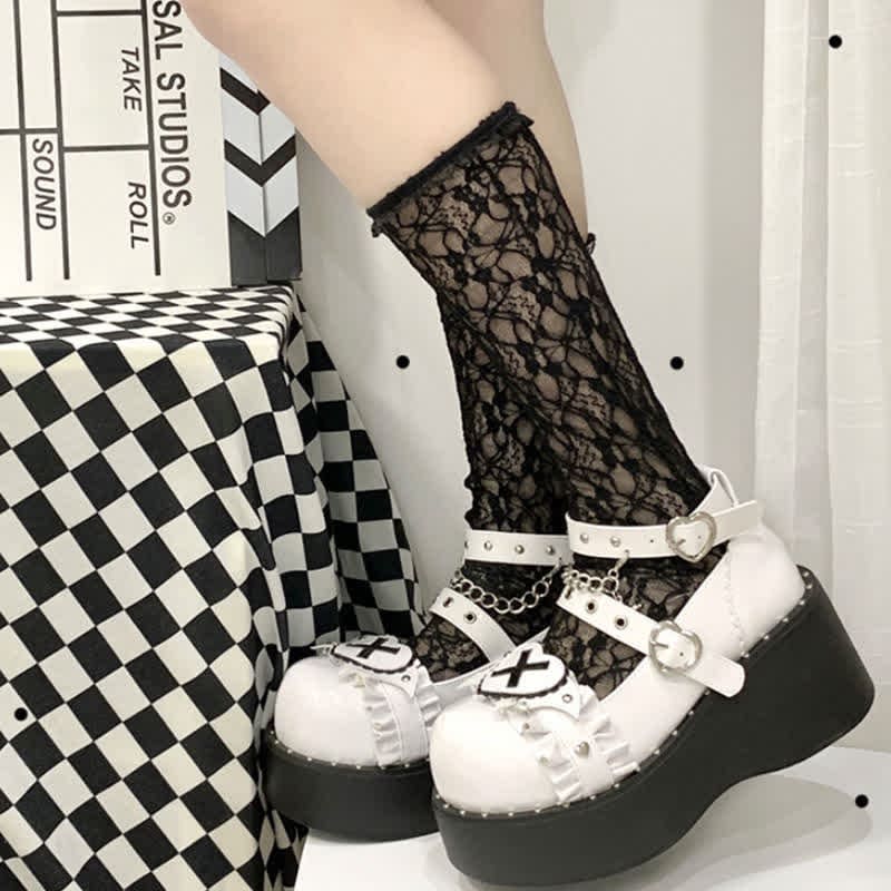 Sweet Punk Cross Love Heart Chain Strap Buckle Platform