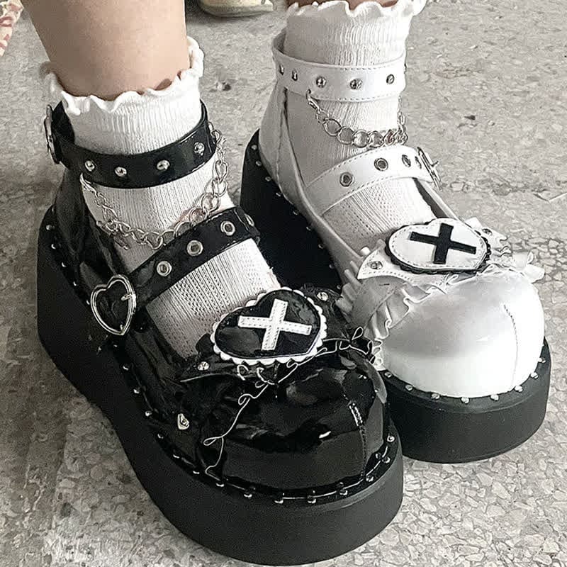 Sweet Punk Cross Love Heart Chain Strap Buckle Platform