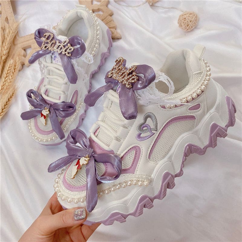 Sweet Purple Bow Lace Up Sneakers - Purple / 35