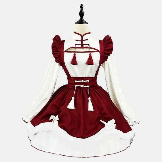 Sweet Red Buckle Tassel Lolita Maid Dress - Wine Red / S