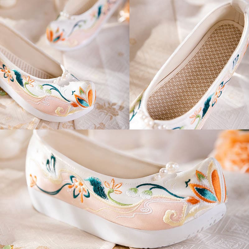 Sweet Retro Pearl Decor Floral Embroidery Shoes