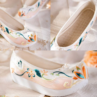 Sweet Retro Pearl Decor Floral Embroidery Shoes