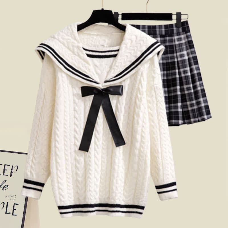 Sweet Sailor Collar Sweater Lattice Pleated Skirt Set