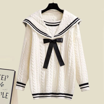 Sweet Sailor Collar Sweater Lattice Pleated Skirt Set