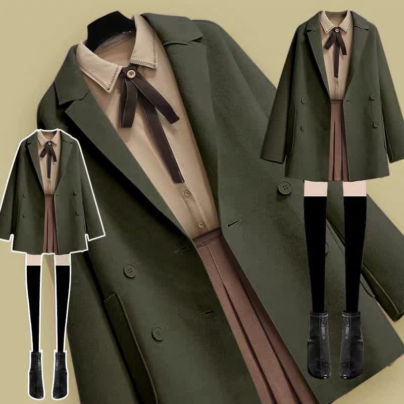 Sweet Shirt Pleated Skirt Pocket Wool Jacket Coat