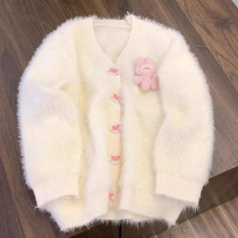 Sweet Soft White Knitted Fuzzy Cardigan - White / S