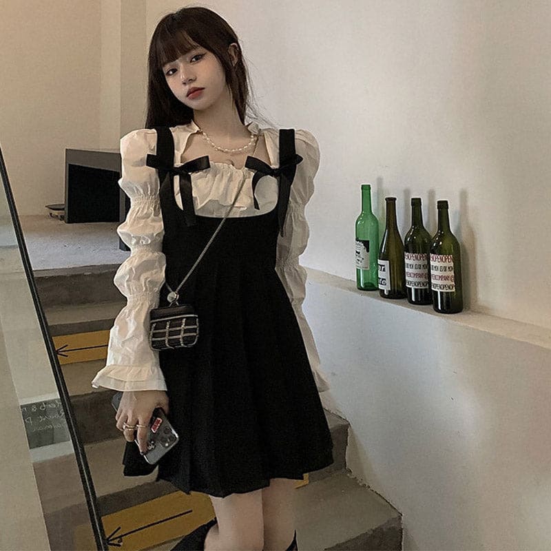 Sweet Square Collar Puff Sleeve Shirt Pleated Suspender