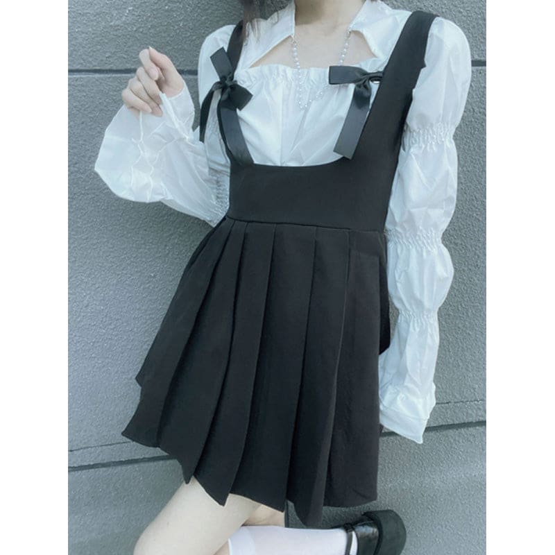 Sweet Square Collar Puff Sleeve Shirt Pleated Suspender