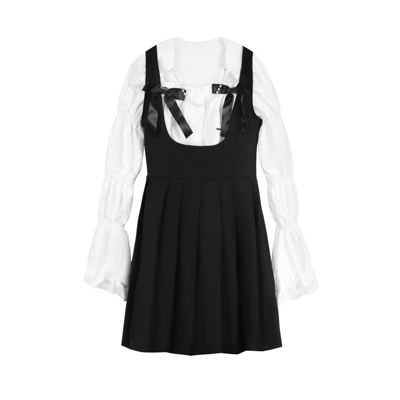 Sweet Square Collar Puff Sleeve Shirt Pleated Suspender