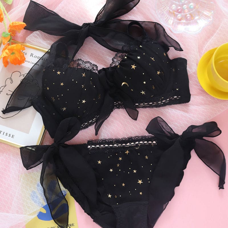 Sweet Starry Sky Bow Bra Set - black / 70A